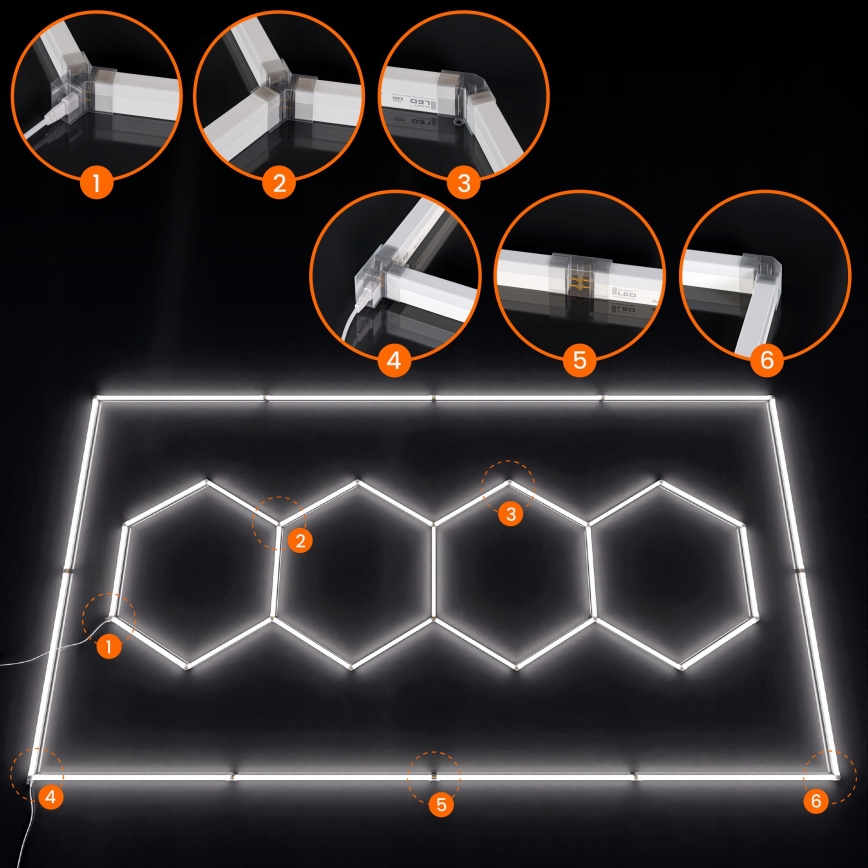 Lubų LED šviestuvas HEXAGON, 426 W, 85-265 V, 6500 K, 484x243 cm, CRI 90, IP44, balta