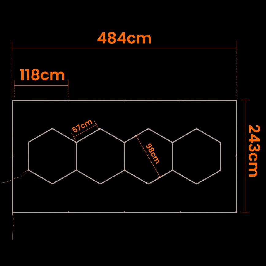 Lubų LED šviestuvas HEXAGON, 426 W, 85-265 V, 6500 K, 484x243 cm, CRI 90, IP44, balta