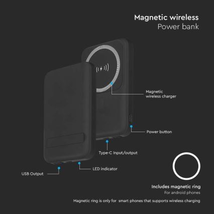 Magnetinis maitinimo bankas su belaidžiu įkrovimu Power Delivery 10 000mAh/20W/3,7V juoda