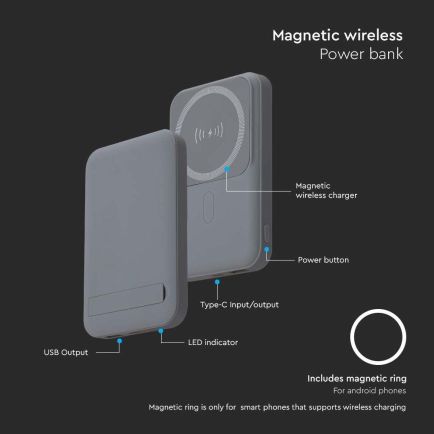Magnetinis maitinimo bankas su belaidžiu įkrovimu Power Delivery 10 000mAh/20W/3,7V pilka