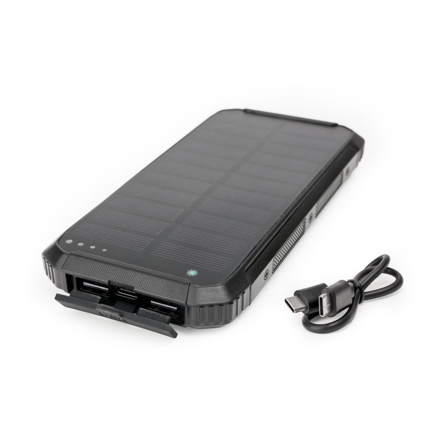 Maitinimo bankas su LED lempute, belaidžiu įkrovimu ir saulės baterija Power Delivery 15W/10000 mAh juoda