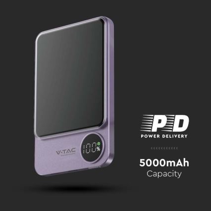 Maitinimo bankas su ekranu magnetinis Power Delivery 5000mAh/20W/5V violetinis