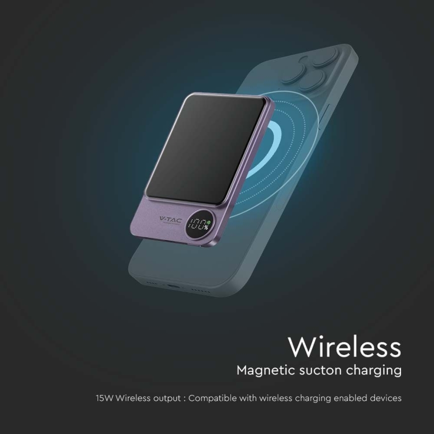Maitinimo bankas su ekranu magnetinis Power Delivery 5000mAh/20W/5V violetinis