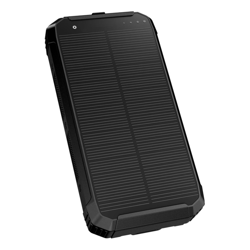 Maitinimo bankas su LED lempute, belaidžiu įkrovimu ir saulės baterija Power Delivery 15W/10000 mAh juoda