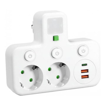 Maitinimo juosta LINEA PRO su jungikliu ir LED apšvietimu, 2 SCHUKO tipo lizdai + 3x USB A/C, 4000 K, balta