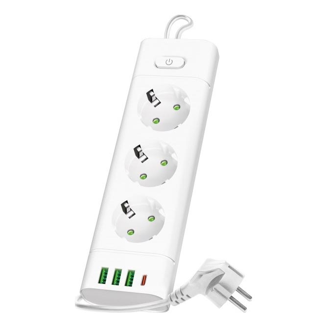 Maitinimo juosta su jungikliu LINEA PRO 3x230V + 3xUSB-A + 1xUSB-C SCHUKO 1,5 m balta
