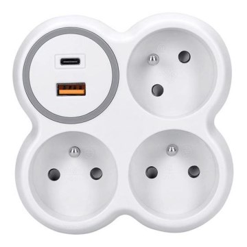 Maitinimo skirstytuvas 3x 16A su USB A+C greituoju įkrovikliu 20W