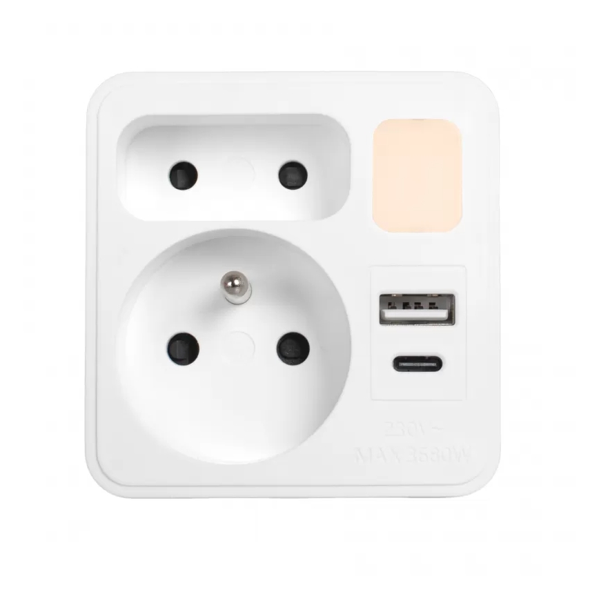 2 lizdų skirstomoji rozetė su USB-C ir USB-A bei LED apšvietimu LED/0,5W/230V 3000K