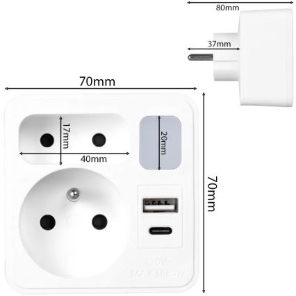 2 lizdų skirstomoji rozetė su USB-C ir USB-A bei LED apšvietimu LED/0,5W/230V 3000K
