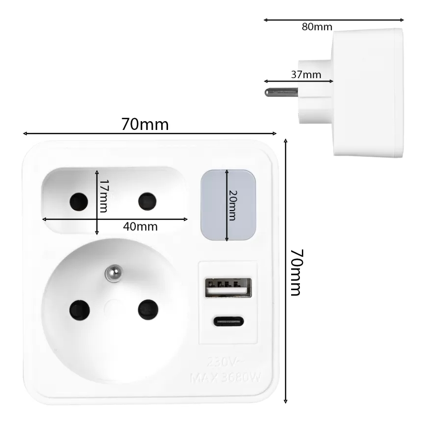 2 lizdų skirstomoji rozetė su USB-C ir USB-A bei LED apšvietimu LED/0,5W/230V 3000K