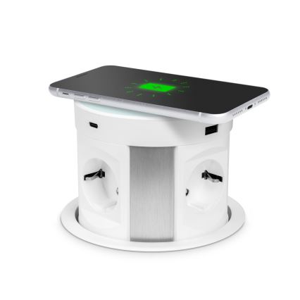 Maitinimo stulpelis stalviršiui su belaidžiu įkrovimu 4x230V + 2x USB-A + 2x USB-C baltas