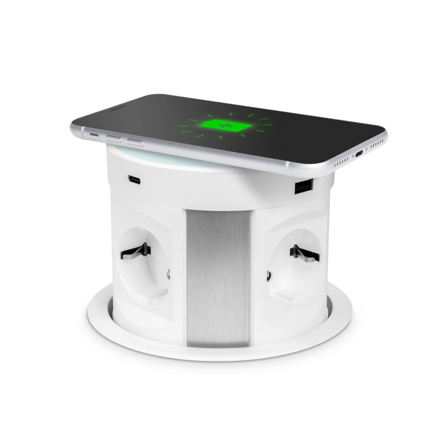 Maitinimo stulpelis stalviršiui su belaidžiu įkrovimu 4x230V + 2x USB-A + 2x USB-C baltas