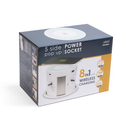 Maitinimo stulpelis stalviršiui su belaidžiu įkrovimu 4x230V + 2x USB-A + 2x USB-C baltas