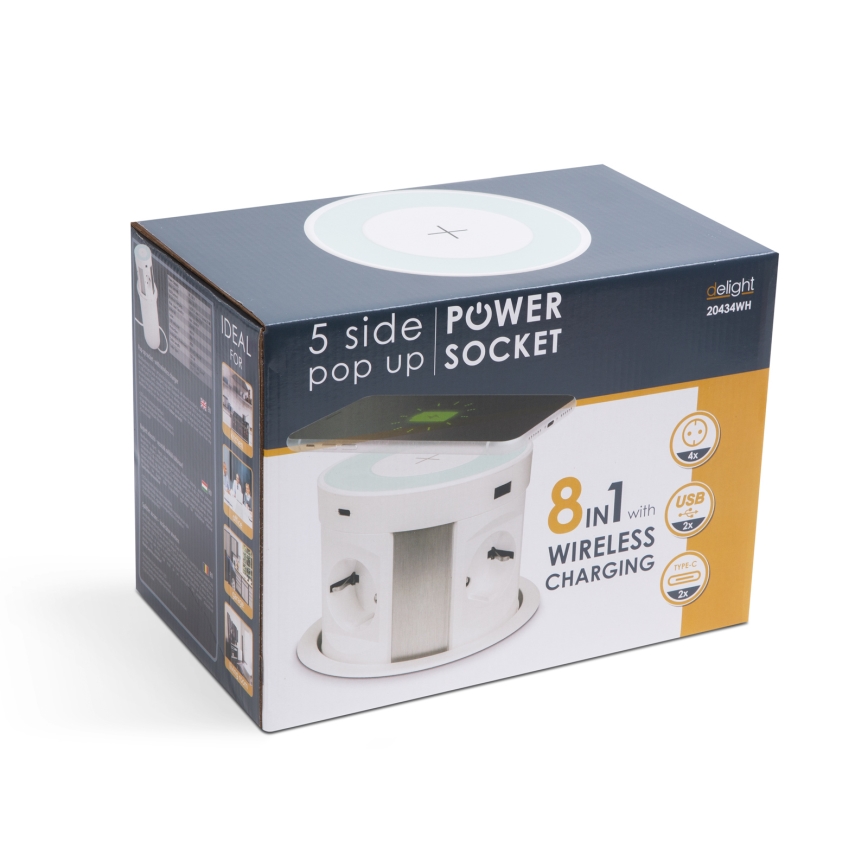 Maitinimo stulpelis stalviršiui su belaidžiu įkrovimu 4x230V + 2x USB-A + 2x USB-C baltas