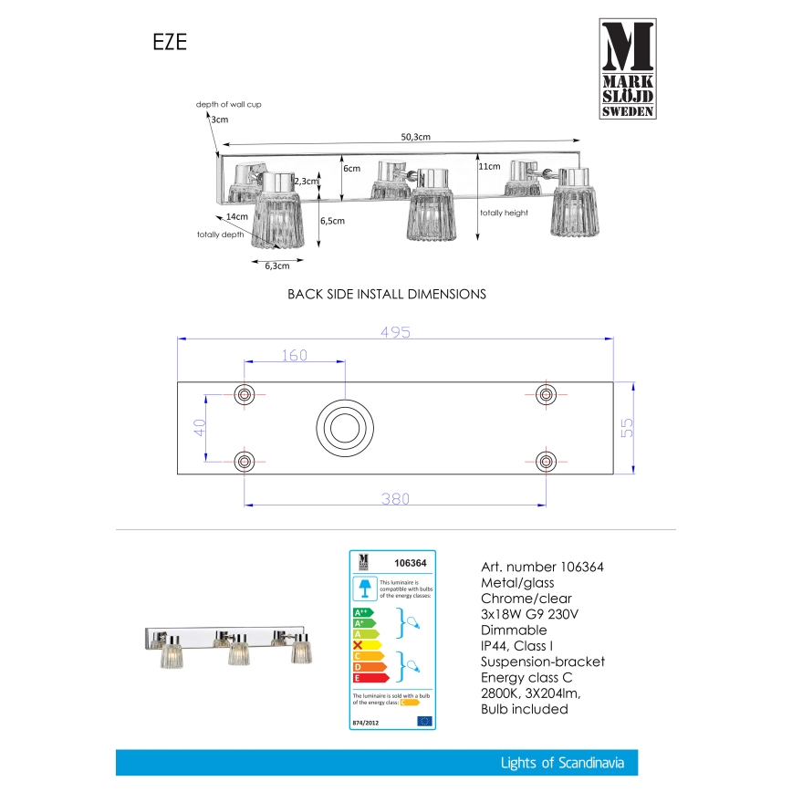 Markslöjd 106364 - Pritemdomi sieniniai šviestuvai EZE 3xG9/18W/230V
