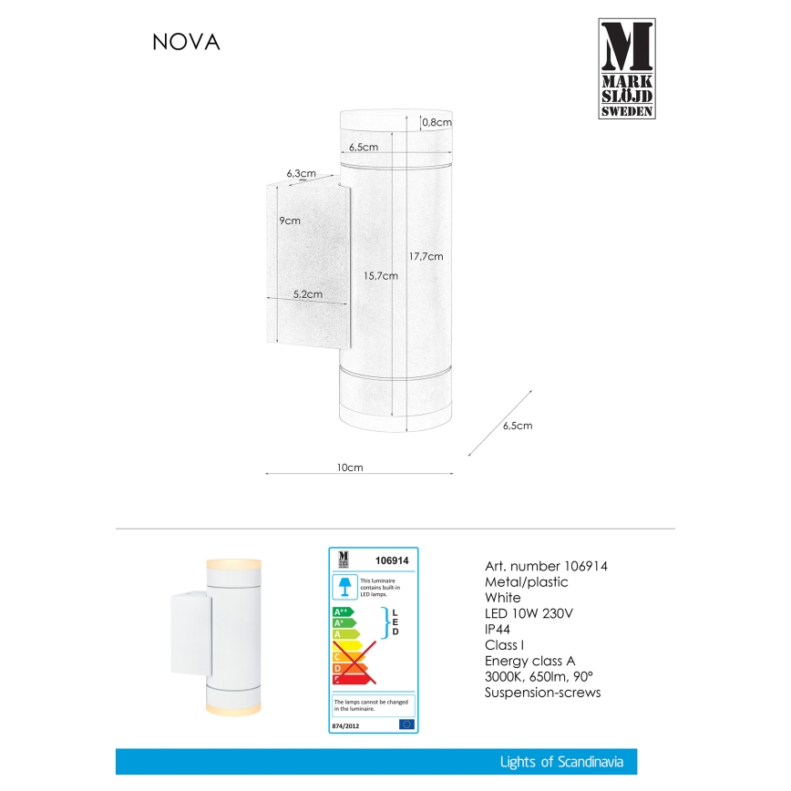Markslöjd 106914 - LED Sieninis lauko šviestuvas NOVA 2xLED/5,5W/230V IP44
