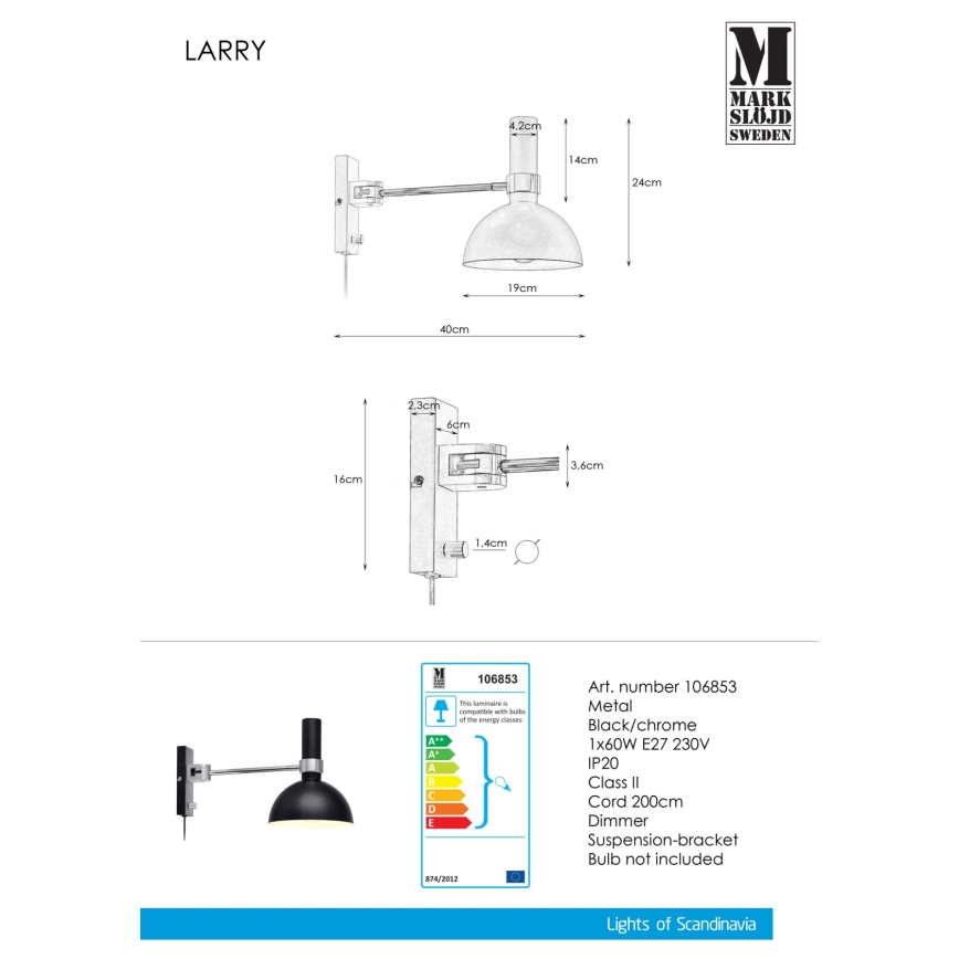 Markslöjd 106970 - Pritemdomas sieninis šviestuvas LARRY 1xE27/60W/230V