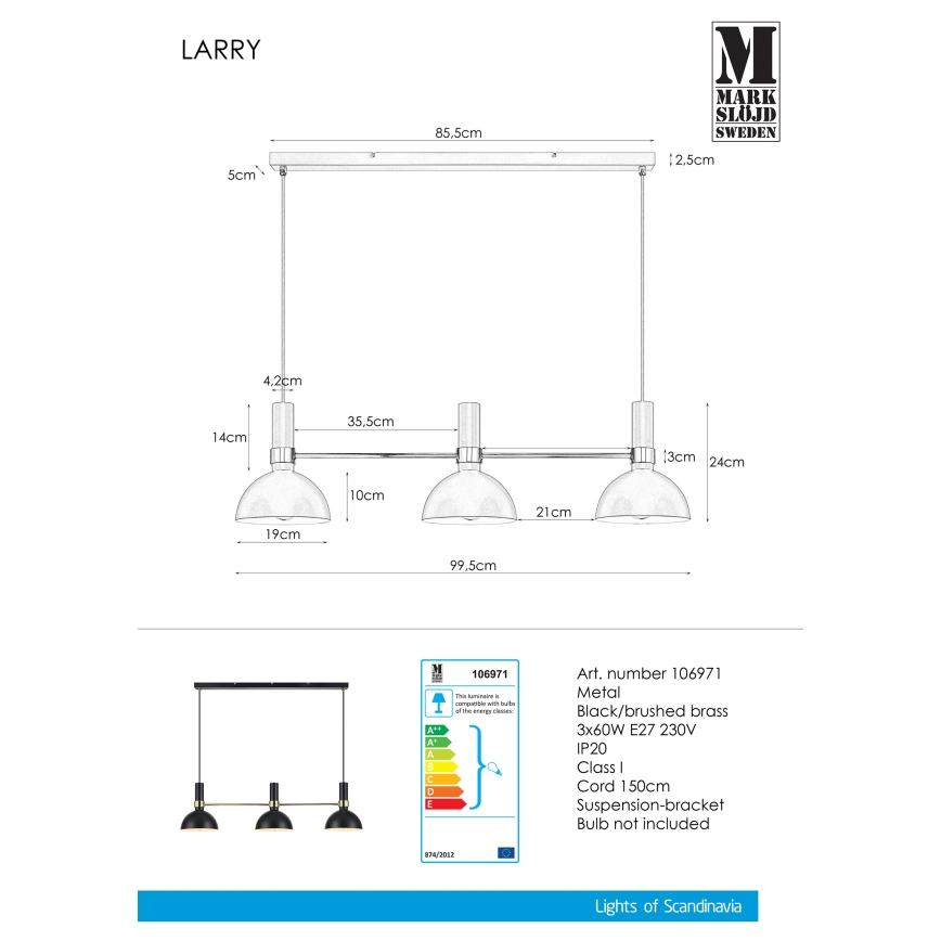 Markslöjd 106971 - Sietynas, kabinamas ant virvės LARRY 3xE27/60W/230V juodas/auksinis