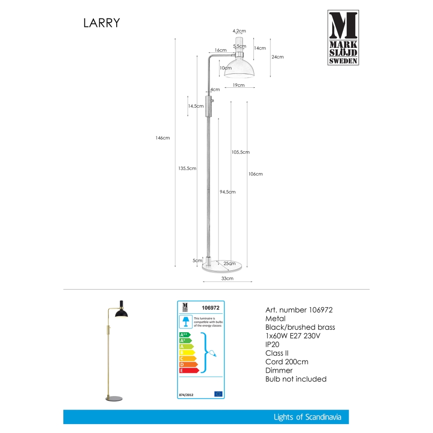 Markslöjd 106972 - Pritemdomas toršeras LARRY 1xE27/60W/230V juoda/auksinis