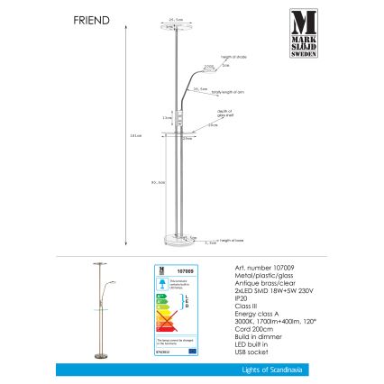 Markslöjd 107009 - Pritemdomas LED toršeras FRIEND LED/18W/230V + LED/5W
