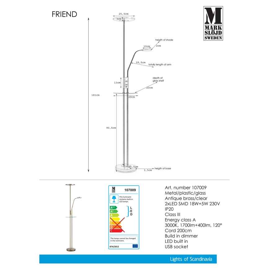 Markslöjd 107009 - Pritemdomas LED toršeras FRIEND LED/18W/230V + LED/5W