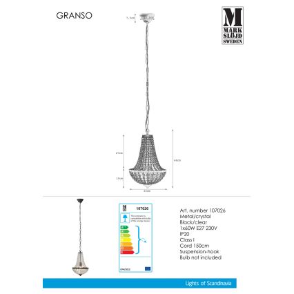 Markslöjd 107026 - Krištolinis sietynas, kabinamas ant grandinės GRÄNSÖ 1xE27/60W/230V