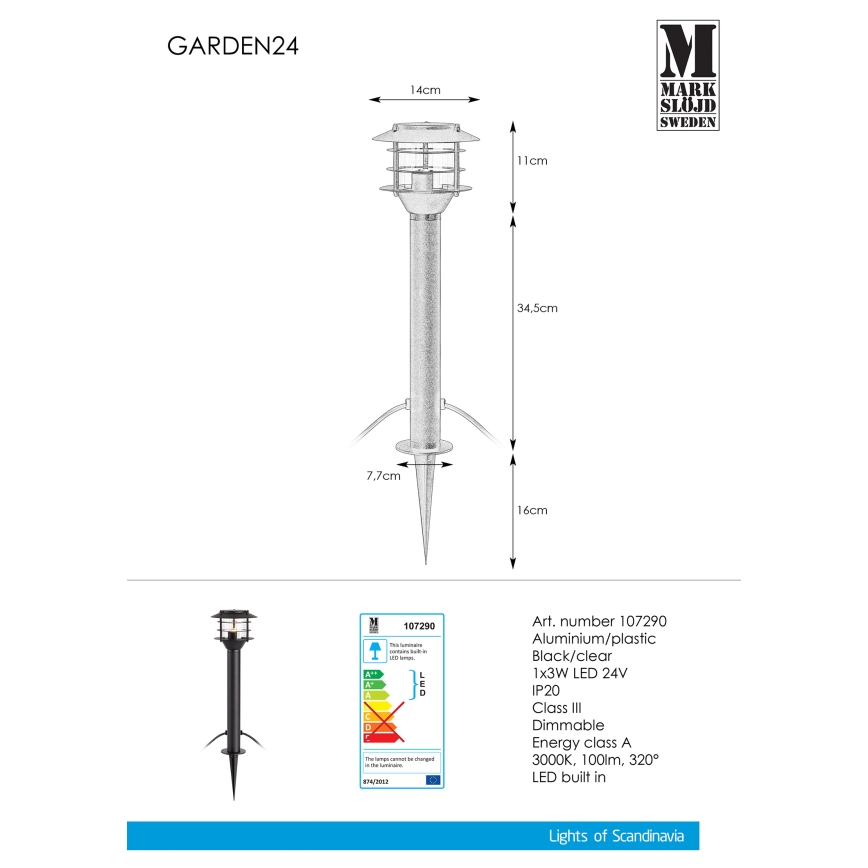 Markslöjd 107290 - LED lauko šviestuvas GARDEN 24 LED/3W/24V 45 cm IP44 juoda