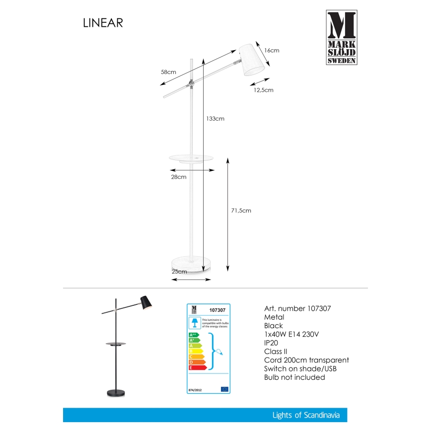 Markslöjd 107307 - Toršeras su USB lizdu 1xE14/40W/230V