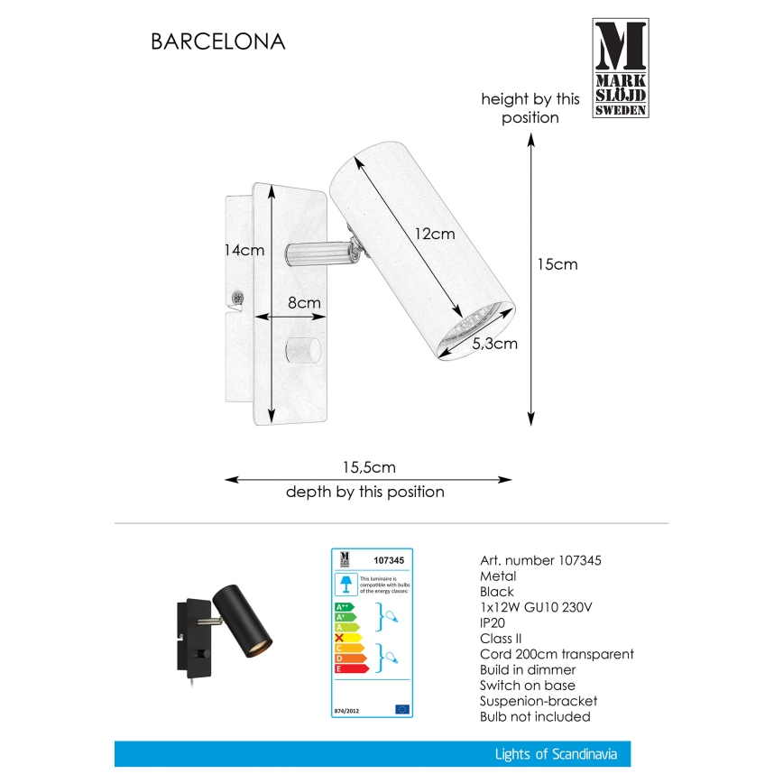 Markslöjd 107345 - Reguliuojamas sieninis akcentinis šviestuvas BARCELONA 1xGU10/12W/230