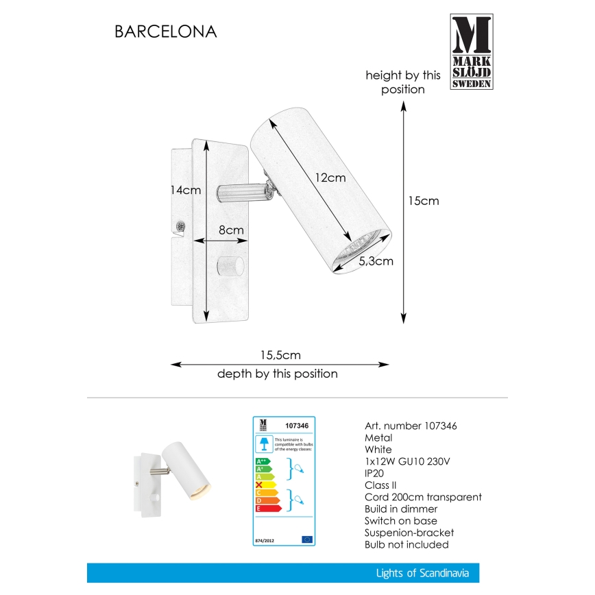 Markslöjd 107346 - Reguliuojamas sieninis taškinis šviestuvas BARCELONA 1xGU10/12W/230