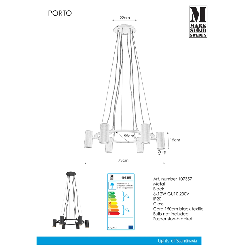 Markslöjd 107357 - Sietynas, kabinamas ant virvės PORTO 6xGU10/12W/230V