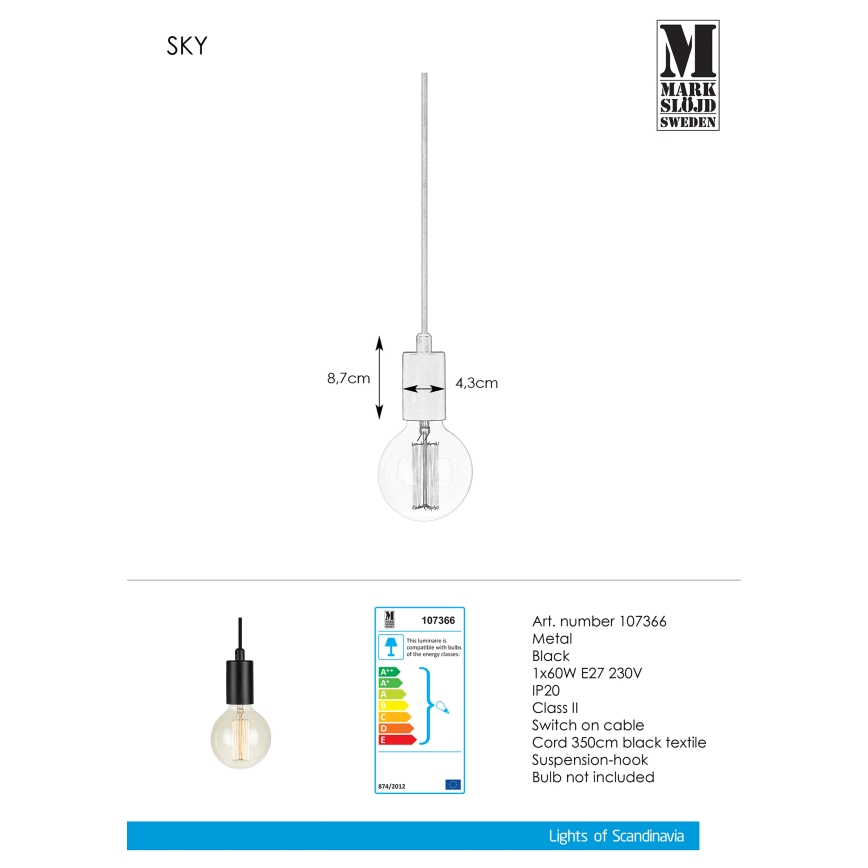 Markslöjd 107366 - Sietynas, kabinamas ant virvės SKY 1xE27/60W/230V