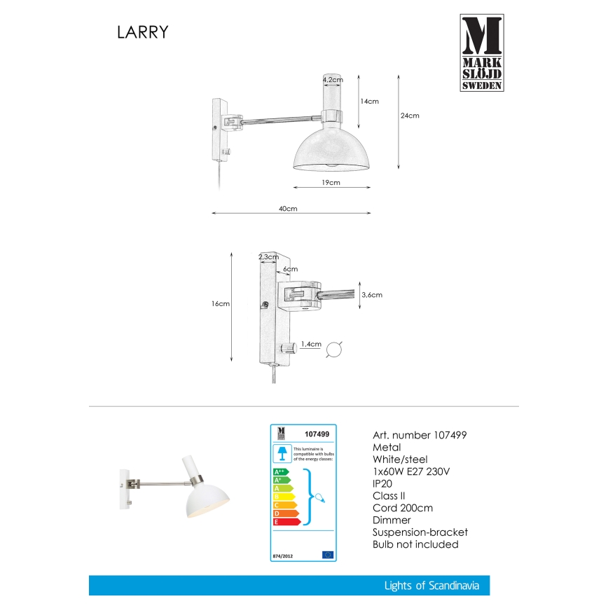 Markslöjd 107499 - Pritemdomas sieninis šviestuvas LARRY 1xE27/60W/230V