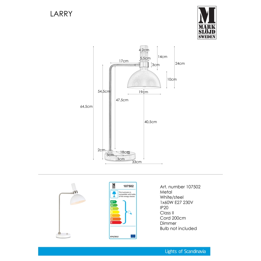 Markslöjd 107502 - Pritemdomas stalinis šviestuvas LARRY 1xE27/60W/230V