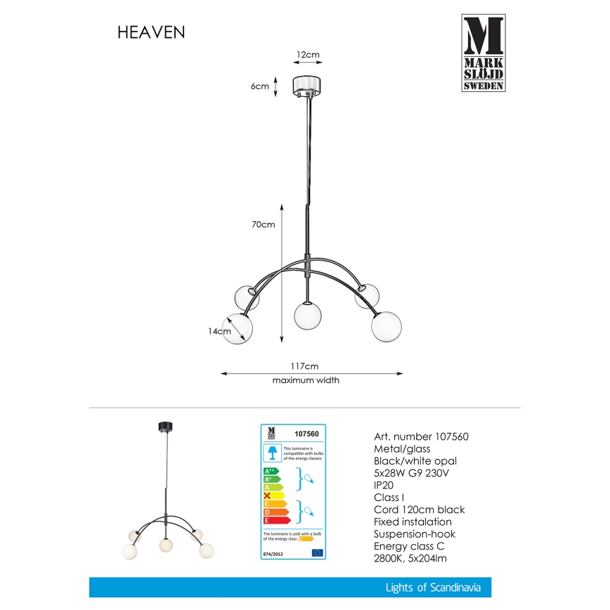 Markslöjd 107560 - Sietynas, kabinamas ant virvės HEAVEN 5xG9/28W/230V