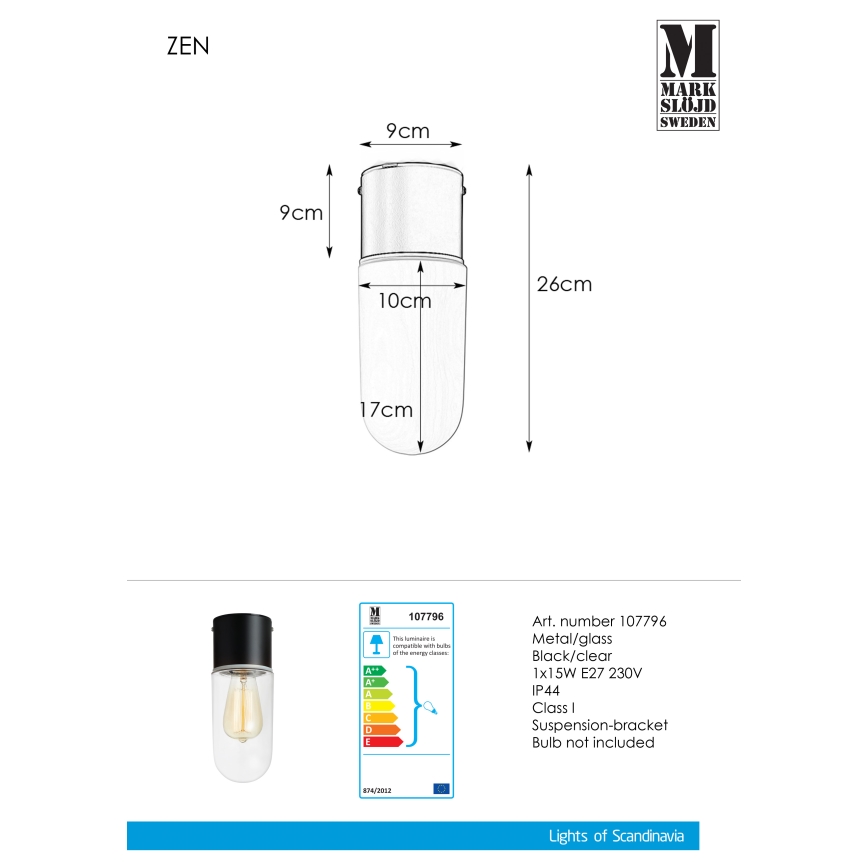 Markslöjd 107796 - Lubinis vonios šviestuvas ZEN 1xE27/15W/230V IP44