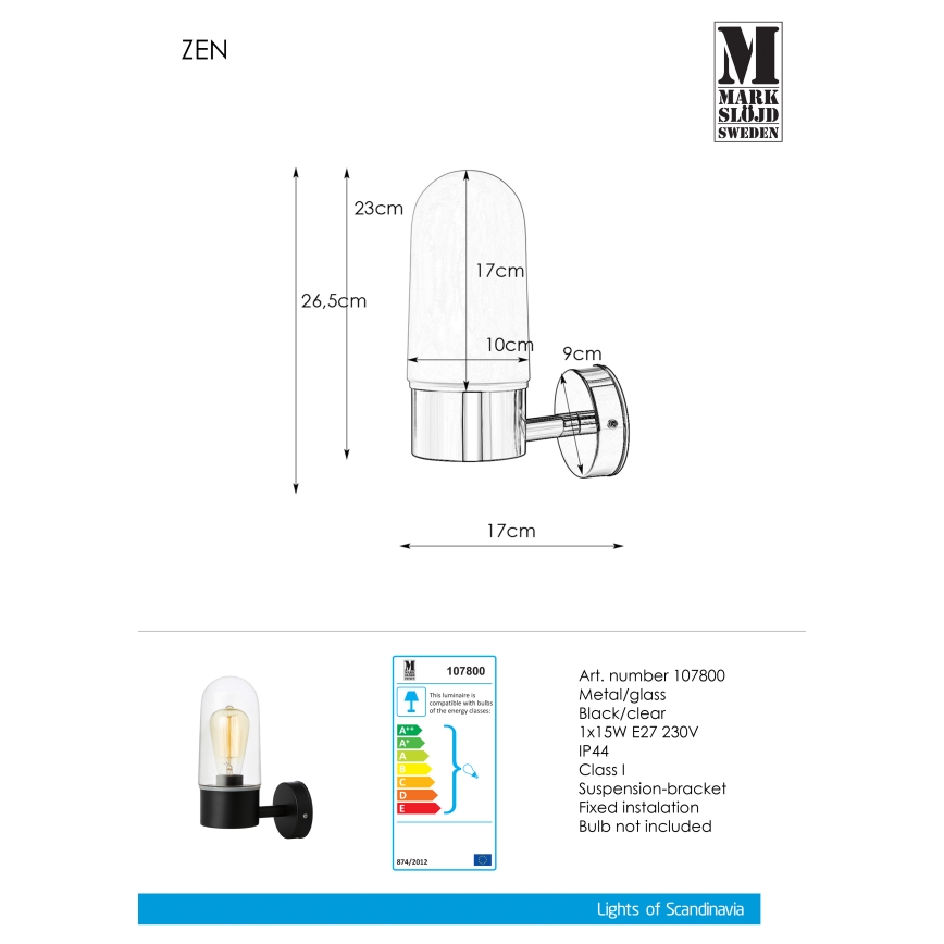 Markslöjd 107800 - Sieninis vonios šviestuvas ZEN 1xE27/15W/230V IP44