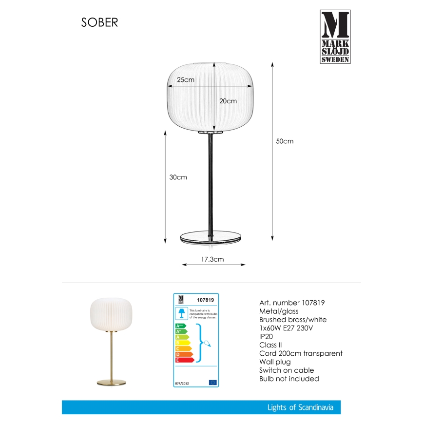 Markslöjd 107819 - Stalinė lempa SOBER 1xE27/60W/230V balta/žalvarinė