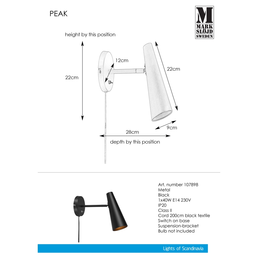 Markslöjd 107898 - Sieninis šviestuvas PEAK 1xE14/40W/230V