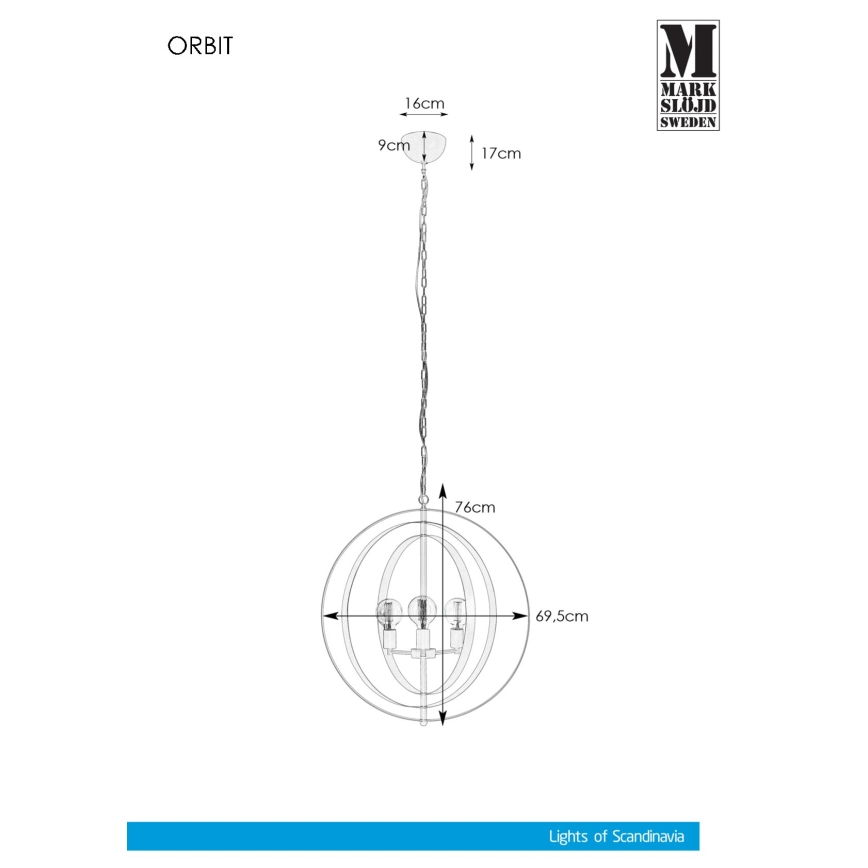 Markslöjd 107941 - Sietynas, kabinamas ant grandinės ORBIT 3xE27/60W/230V