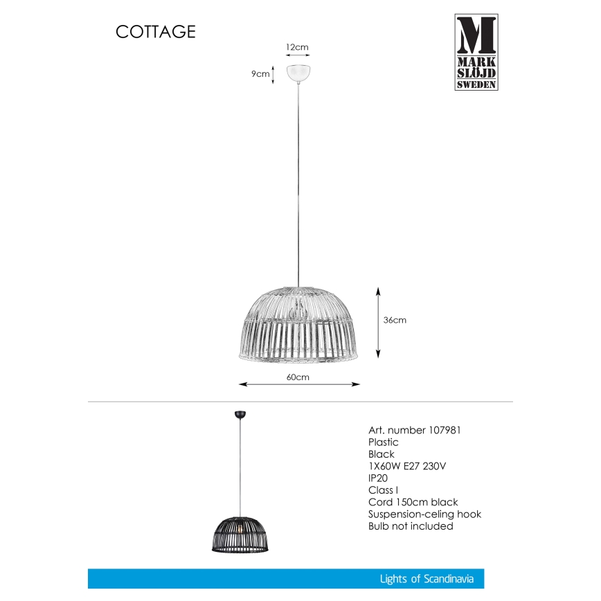 Markslöjd 107981 - Sietynas, kabinamas ant virvės COTTAGE 1xE27/60W/230V