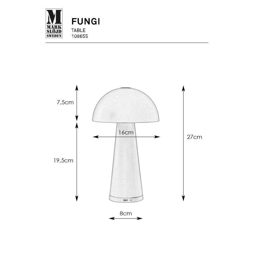 Markslöjd 108655 – LED Pritemdoma įkraunama lempa FUNGI LED/1,5W/5V IP44 juoda