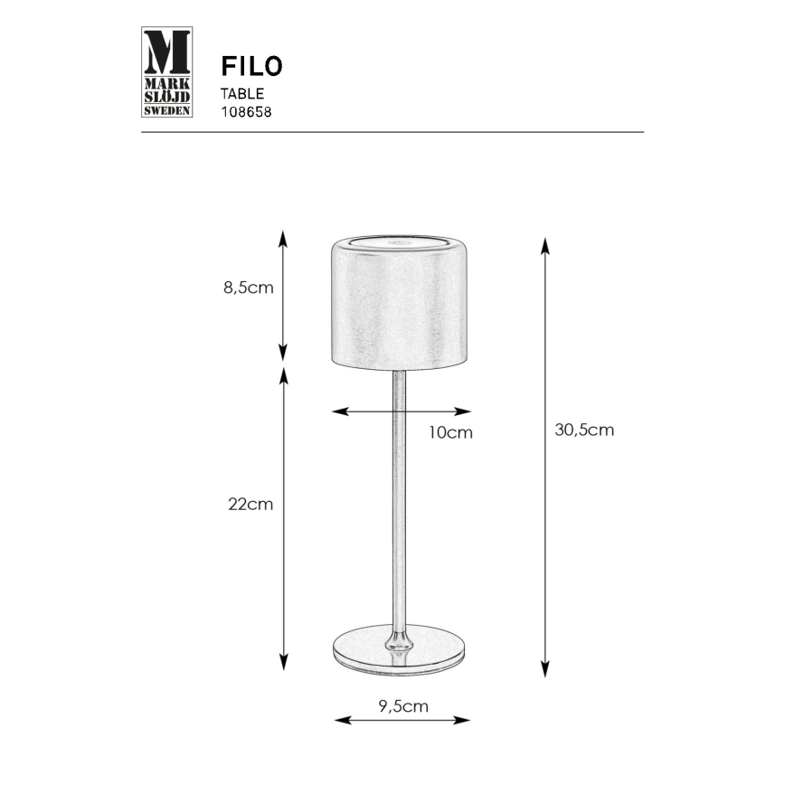 Markslöjd 108658 - LED Pritemdoma įkraunama lempa FILO LED/2W/5V IP44 30 cm balta