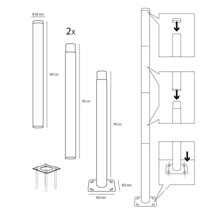 Metalinis strypas lauko apšvietimo stulpui BASE, 4 m, skersmuo 60 mm, juodas