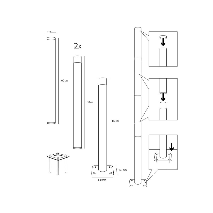 Metalinis strypas lauko apšvietimo stulpui BASE, 4 m, skersmuo 60 mm, juodas