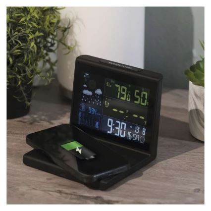 Meteostotis su belaidžiu 5 V įkrovimu, maitinama 2×AA + 2×AAA, juoda