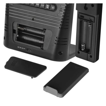 Meteostotis su belaidžiu 5 V įkrovimu, maitinama 2×AA + 2×AAA, juoda