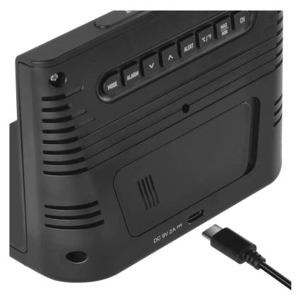 Meteostotis su belaidžiu 5 V įkrovimu, maitinama 2×AA + 2×AAA, juoda