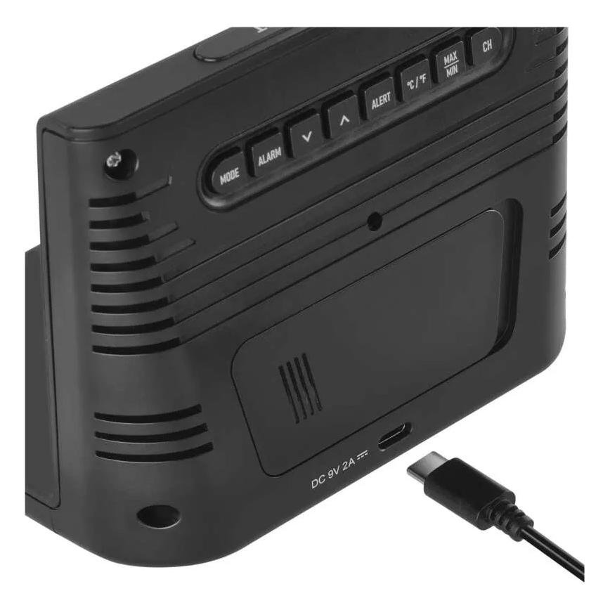 Meteostotis su belaidžiu 5 V įkrovimu, maitinama 2×AA + 2×AAA, juoda