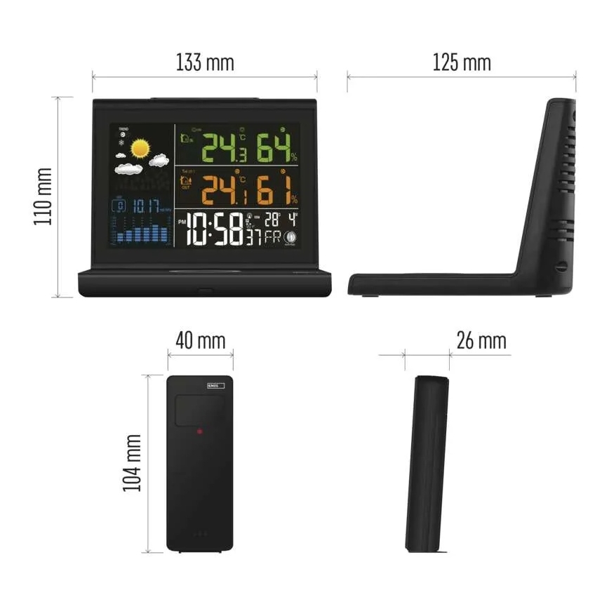 Meteostotis su belaidžiu 5 V įkrovimu, maitinama 2×AA + 2×AAA, juoda
